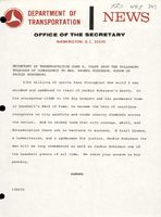 Secretary of Transportation John A Volpe Sent the Following Telegram of Condolence to Mrs Rachael Robinson Widow of Jackie Robinson