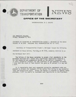 Statement by Secretary of Transportation Claude S Brinegar on the House Passage of HR 9142 Regional Rail Reorganization Act of 1973