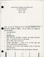 Talking Points Prepared for Secretary Dole at the Joe Barton Breakfast