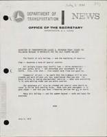 Secretary of Transportation Claude S Brinegar Today Issued the Following Message to Motorists for the July Fourth Holiday