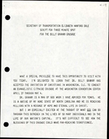 Secretary of Transportation Elizabeth Hanford Dole Script for Three Minute Spot for the Billy Graham Crusade