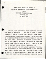 Talking Points Prepared for Delivery by Secretary of Transportation Elizabeth Hanford Dole to the Des Moines Transportation Club
